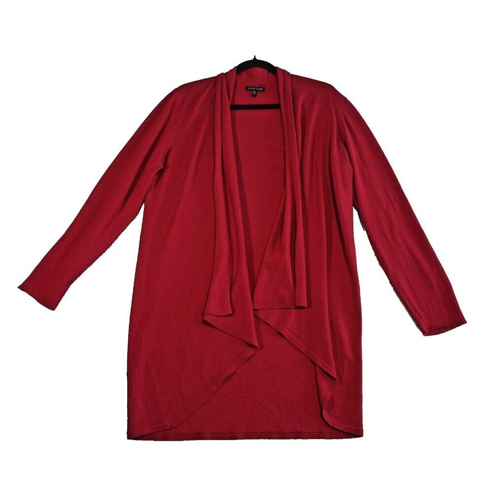 Eileen Fisher 100% Merino Wool Red Open Front Cardigan Sweater Minimalist Large